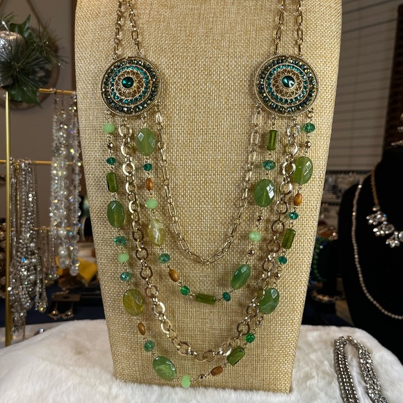 Jewelry - Elegant Green and Gold Multi Stand Crystal and Bead Bo Ho Nexklace